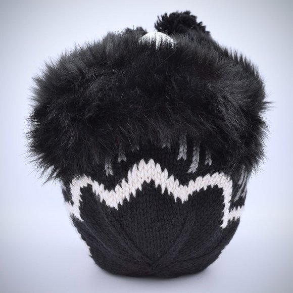 H&M Fair Isle Knit Trapper Faux Fur Hat Black Ear Flaps Pom Pom Tie Winter OS - Picture 6 of 7